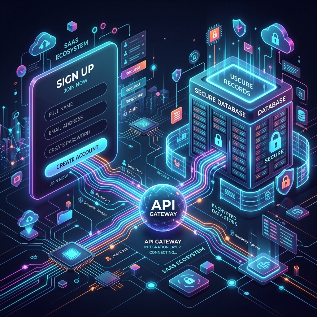Illustration of a signup form connected through an API gateway to a secure database, representing real-time email validation in a signup flow