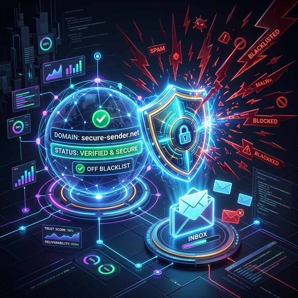 Illustration of a shield protecting a verified sender domain from blacklisted, spam and blocked messages so mail reaches the inbox