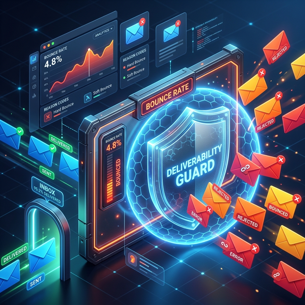 Illustration of a deliverability shield blocking rejected and bounced emails while delivered emails reach the inbox, beside a bounce rate dashboard with hard and soft bounce reasons