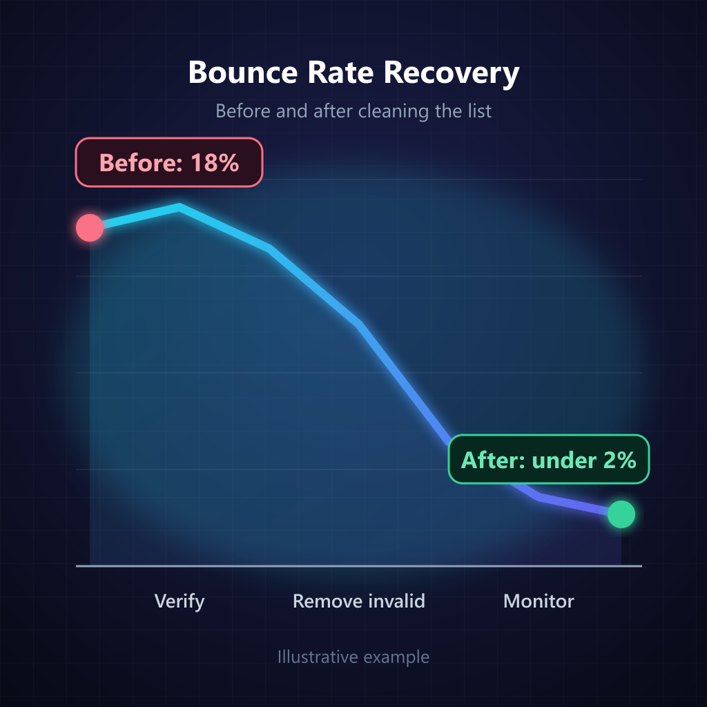 Line chart showing an example email bounce rate falling from 18% to under 2% after verifying, removing invalid addresses and monitoring