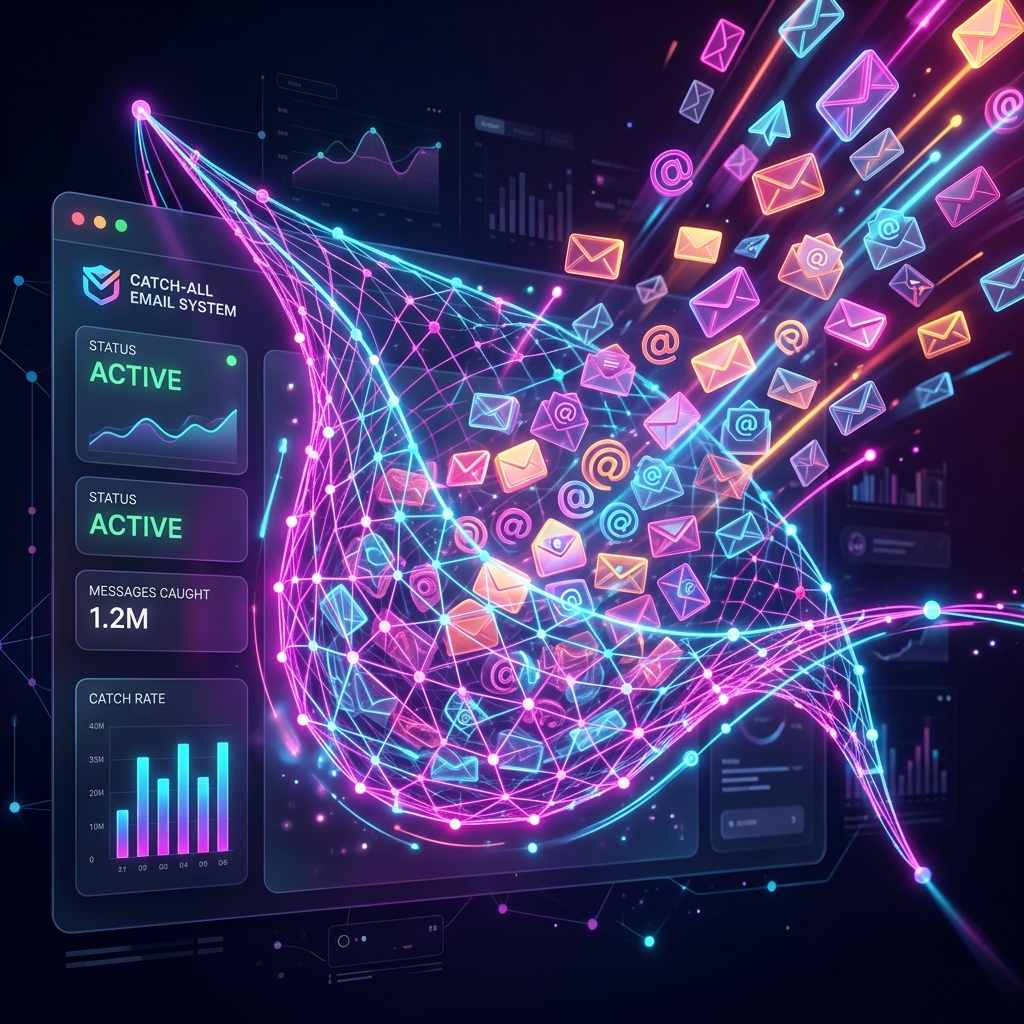 Illustration of a glowing net catching a stream of emails, representing a catch-all email server that accepts mail for every address at a domain
