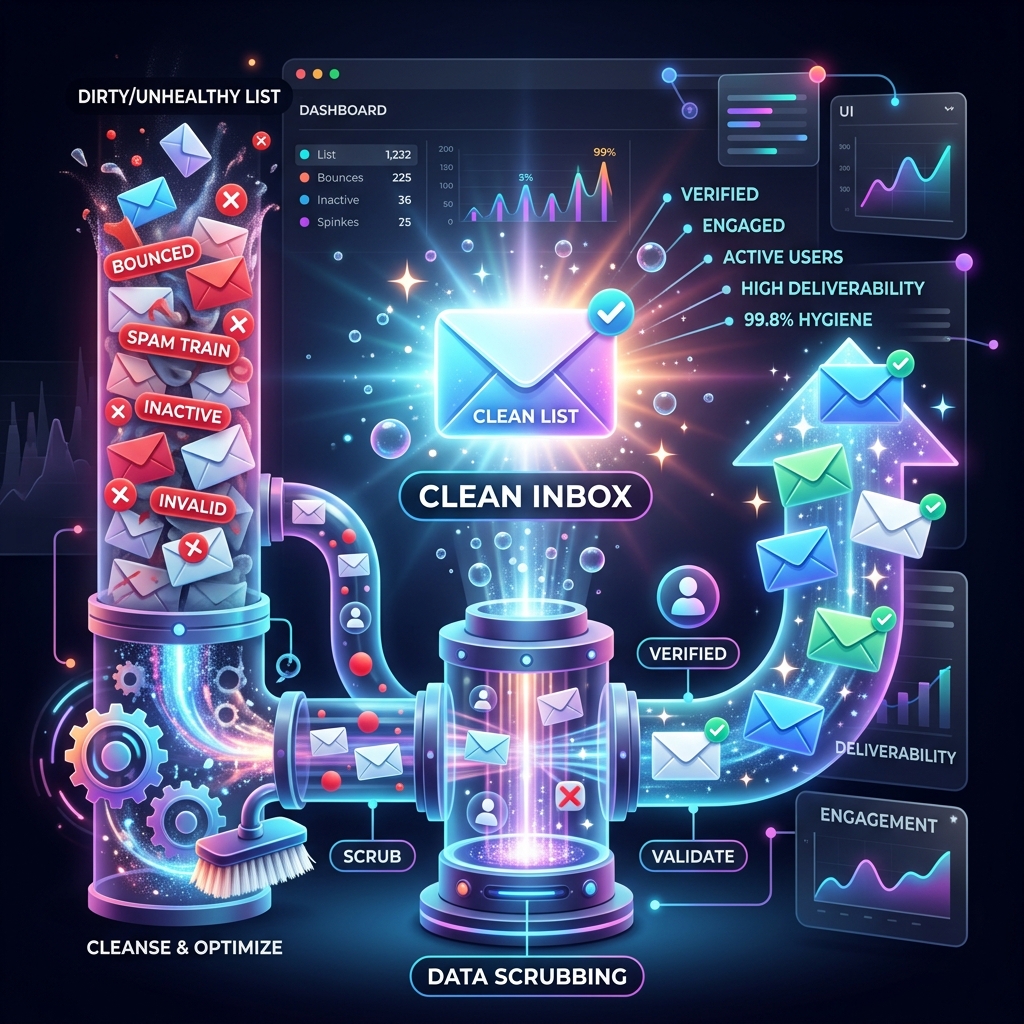 Illustration of a dirty email list full of bounced, invalid and inactive addresses passing through a data scrubbing process and coming out as a verified, clean list