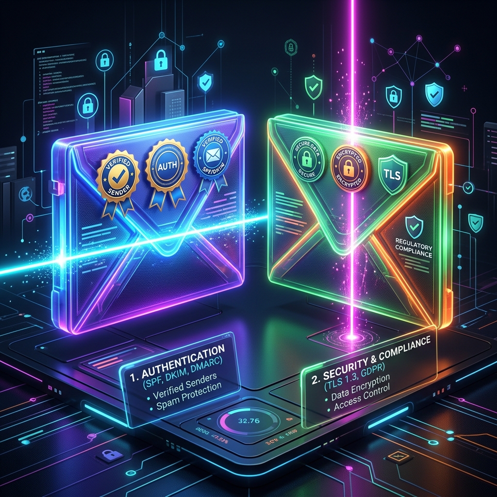 Illustration of two email envelopes, one with sender authentication badges for SPF, DKIM and DMARC and one with TLS security and compliance badges