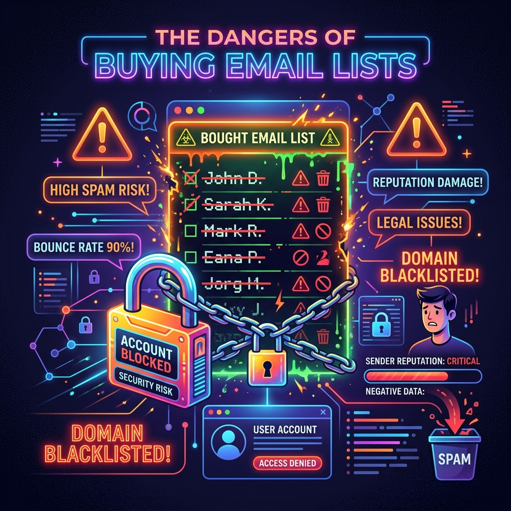 Illustration of a chained purchased email list surrounded by warnings for high spam risk, high bounce rate, legal issues and a blacklisted domain