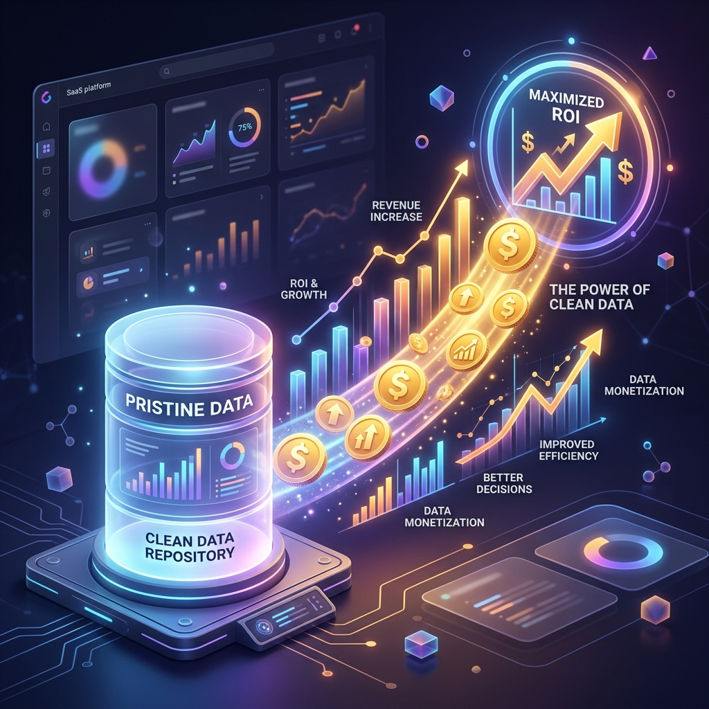 Illustration of a clean data repository producing rising charts and coins, representing the return on investment of clean email data