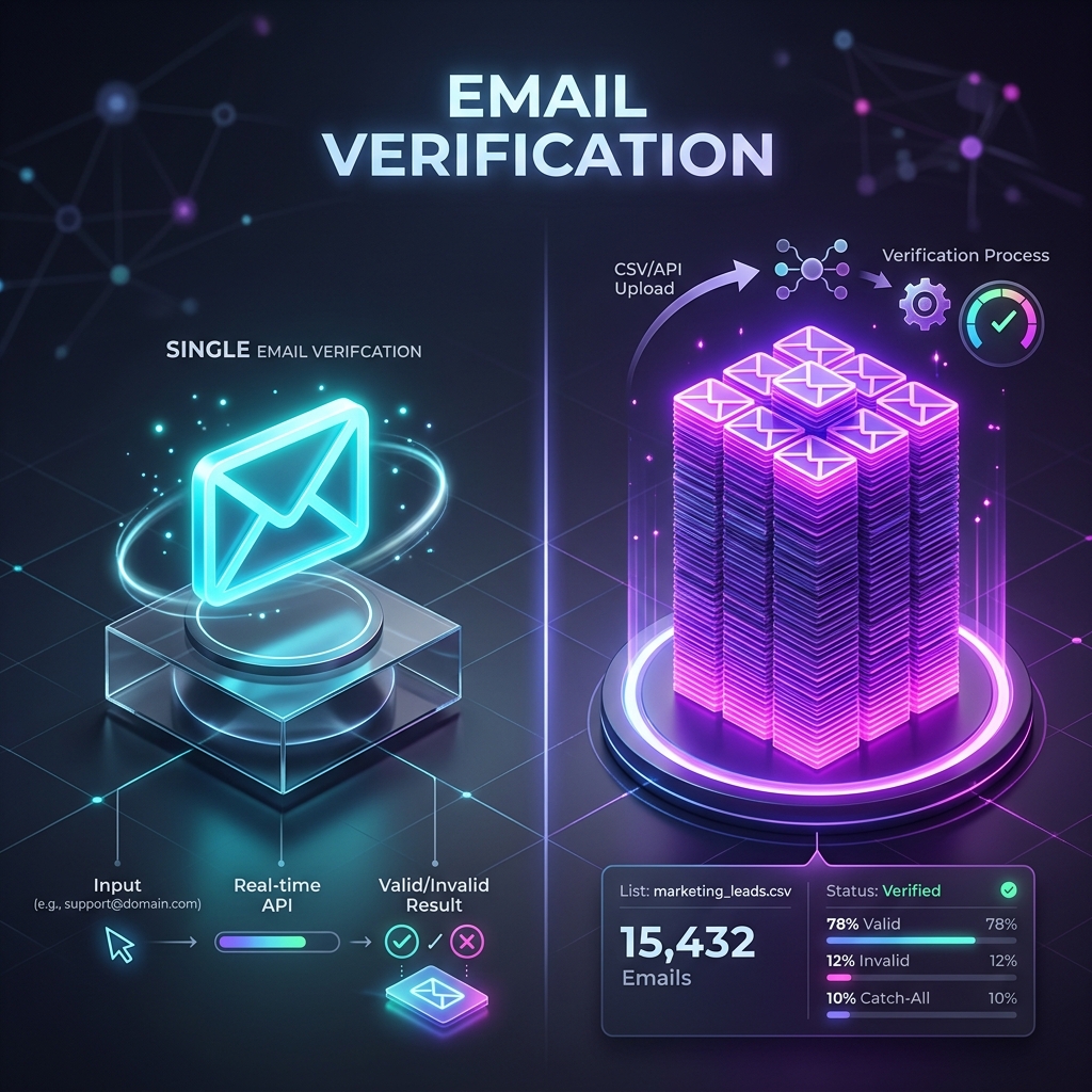 Split illustration comparing single real-time email verification of one address with bulk verification of a CSV list of thousands of addresses