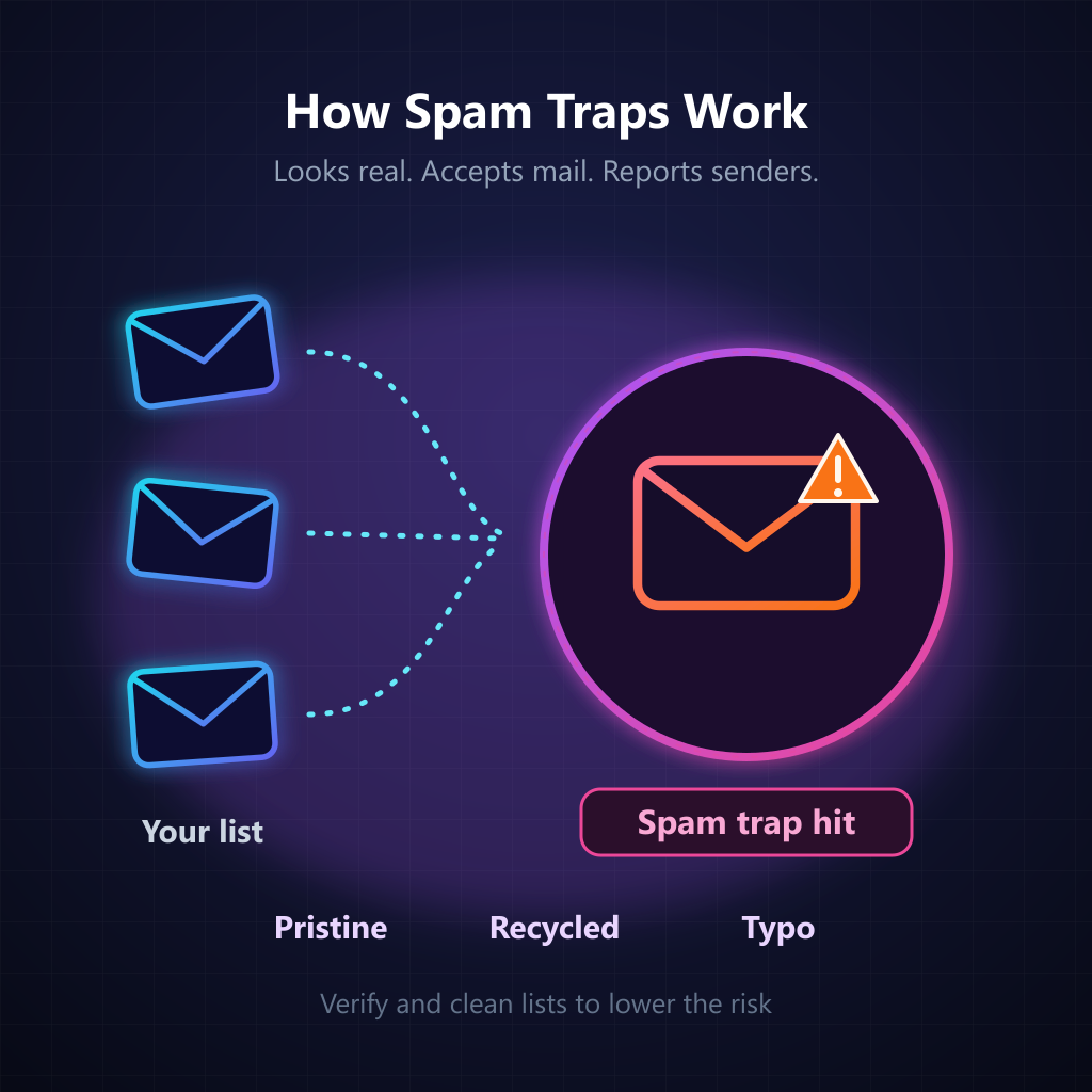 Diagram of emails from a mailing list reaching a spam trap address, with pristine, recycled and typo trap types listed below