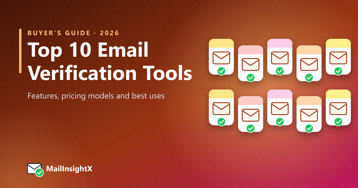 Ten verified envelope cards in two rows, representing the top 10 email verification tools of 2026