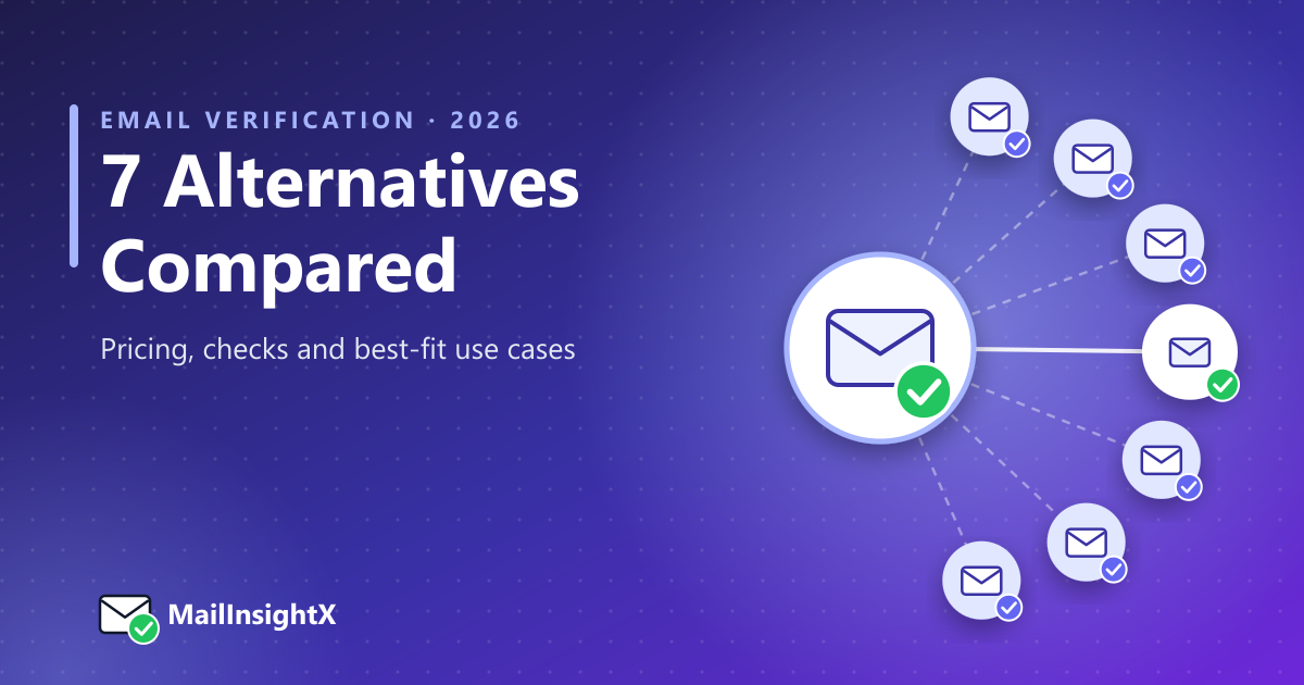 Illustration of one verified envelope at the center connected to seven alternative email verification options, representing ZeroBounce alternatives